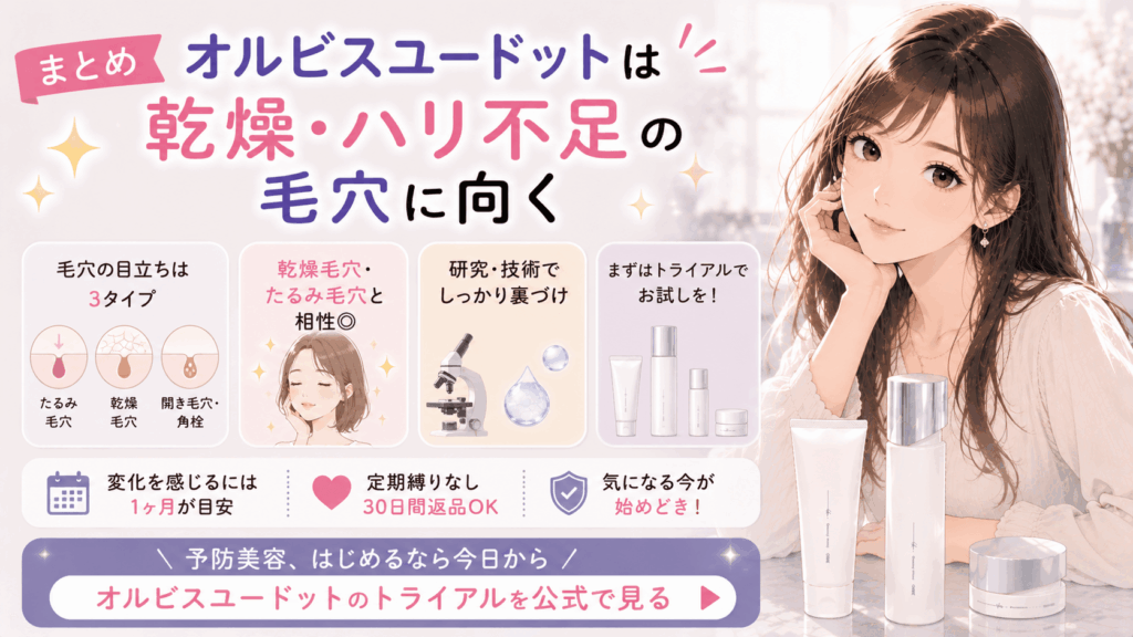 まとめ:オルビスユードットは乾燥・ハリ不足の毛穴に向く